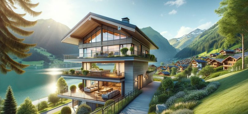 Moderne dreistöckige Villa mit großen Glasfronten und Terrassen, gelegen in der malerischen Landschaft von Zell am See, umgeben von Bergen und einem See. Zell am See: Buy-to-Let-Immobilie sichern