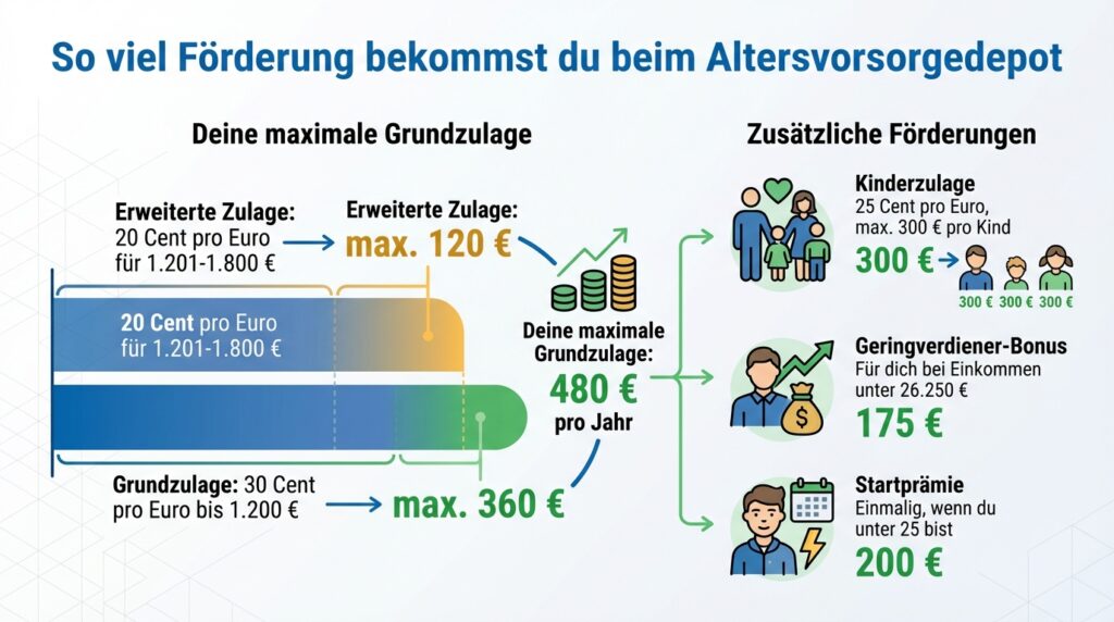 Infografik zur staatlichen Förderung beim Altersvorsorgedepot: Grundzulage 30 Cent pro Euro bis 1.200 Euro Eigenbeitrag ergibt maximal 360 Euro, erweiterte Zulage 20 Cent pro Euro für Beiträge zwischen 1.201 und 1.800 Euro ergibt maximal 120 Euro, maximale Gesamtförderung 480 Euro pro Jahr. Zusätzlich Kinderzulage 25 Cent pro Euro bis maximal 300 Euro pro Kind, Geringverdiener-Bonus 175 Euro bei Einkommen unter 26.250 Euro, einmalige Startprämie 200 Euro für Sparer unter 25 Jahren.