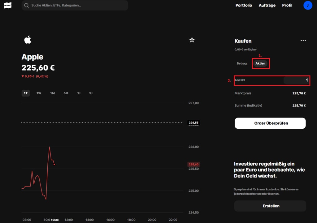 So funktioniert´s bei Trade Republic: Lege fest, ob du einen festen Betrag oder eine definierte Anzahl an Aktien kaufen möchtest (Schritt 1, rot umrandet). Lege die Anzahl/Betrag fest (Schritt 2, rot umrandet).