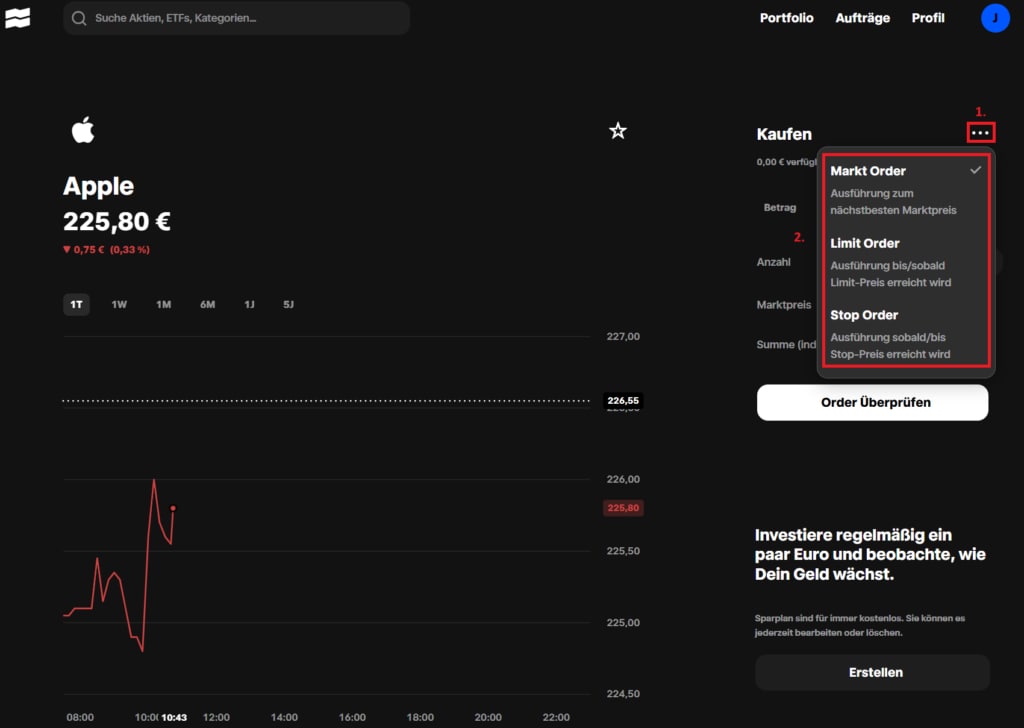 So funktioniert´s bei Trade Republic: Über das Kontextmenü (1. Schritt, rot umrandet) gelangst du zu den Orderarten. Bei Trade Republic kannst du dich für Market Order, Limit Order und Stop Order entscheiden (2. Schritt, rot umrandet).